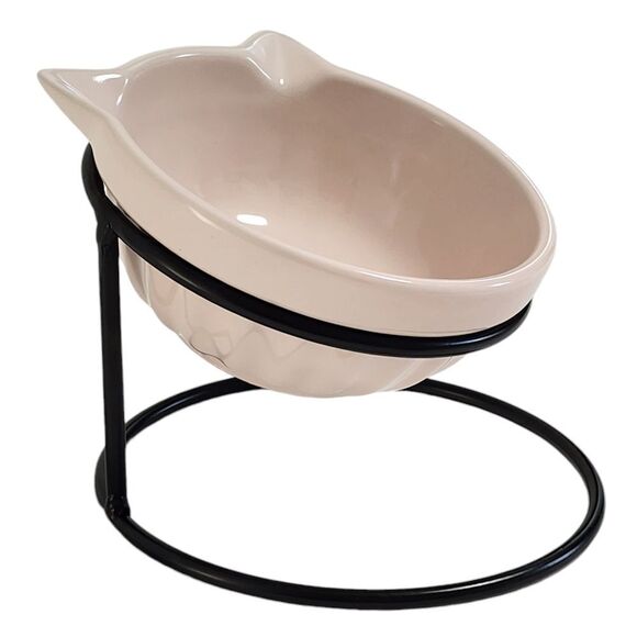 Whiskers & Co Pink Ceramic Cat Feeder Bowl With Tilted‎ And Elevated Metal Base - Picture 14 of 15